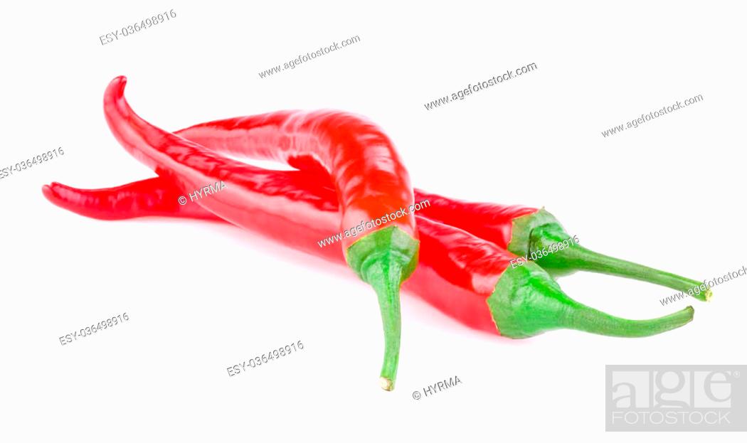 Stock Photo: Three red chilli peppers isolated on white background.