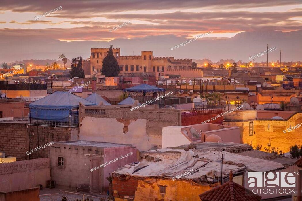 Stock Photo: Medina of Marrakesh at sunrise - aerial view. Marrakesh, Marrakesh-Safi, Morocco.