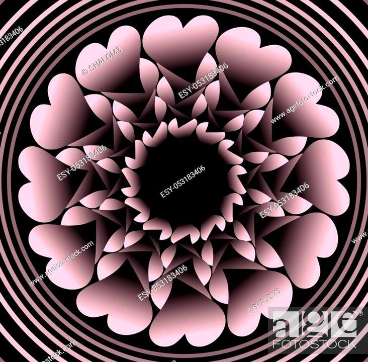 Stock Vector: Pink plastic flower like fractal object on black background in concentric circle shapes, vector decoration with 3d effect.