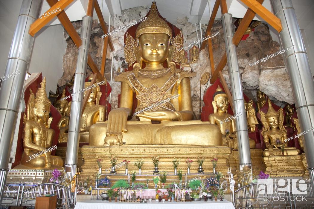 Stock Photo: Cave with big seated Buddha, Shwe Oo Min Pagoda, Pindaya village, state of Shan, Myanmar, Asia.