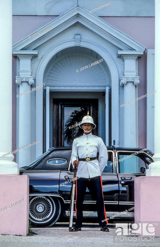 Stock Photo: caribbean, bahamas, nassau, guard at goverment building.
