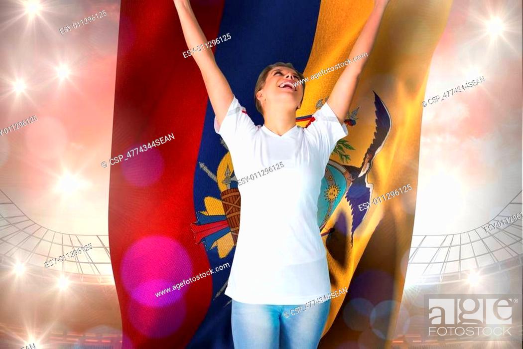 Stock Photo: Composite image of pretty football fan in white cheering holding.