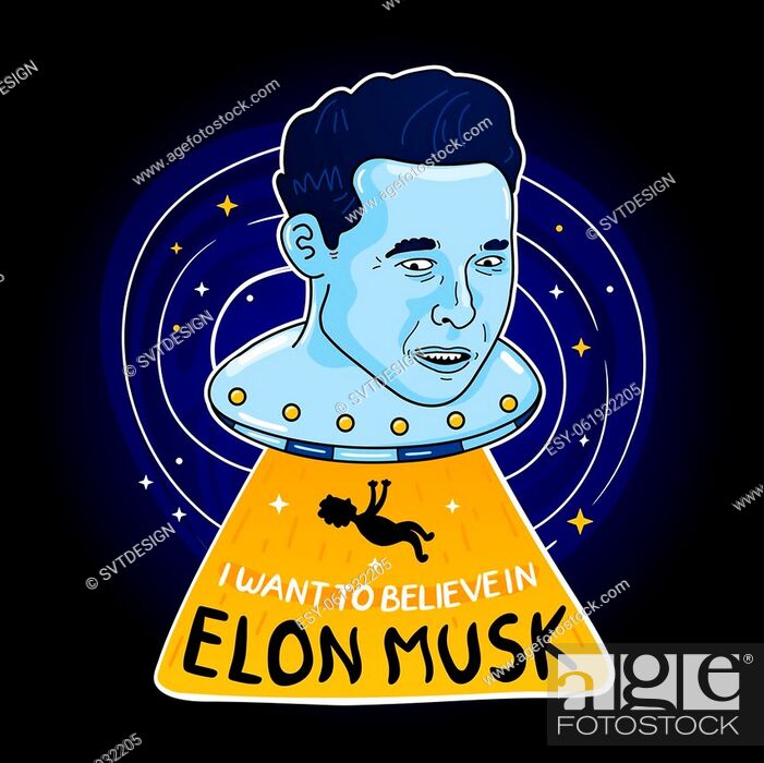 Stock Vector: I want to believe in Elon Musk slogan. Famous founder, CEO and entrepreneur Elon Musk vector portrait. Isolated on white background.