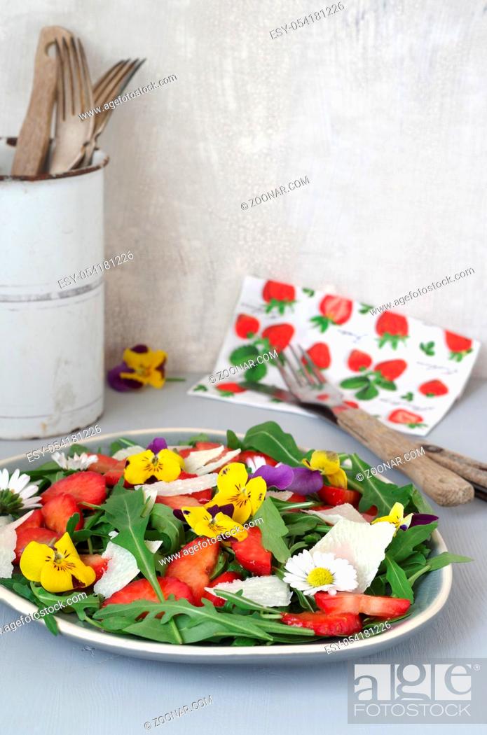 Stock Photo: Summer, Flower, Colorful, White, Spring, Green, Leaf, Fruit, Wild, Red, Dish, Vegetables, Strawberry, Grey, Salad, Cheese, Blossom, Mixed, Bloom, Edible, Snack, Parmesan, Berry, Starter, Horned, Lilac, Appetizer, Violet, Daisy, Pansy