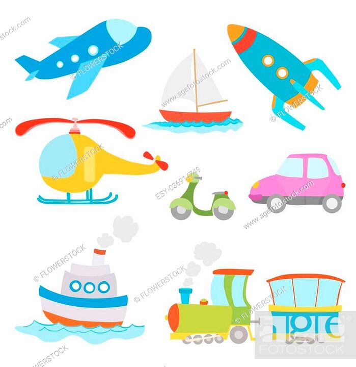 set of cartoon transportation on white. airplane, car, boat, train,  helicopter, rocket, Stock Vector, Vector And Low Budget Royalty Free Image.  Pic. ESY-036914749 | agefotostock