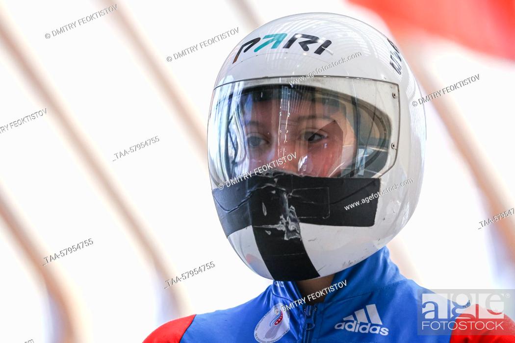 Stock Photo: RUSSIA, SOCHI - MARCH 19, 2023: Anna Rodionova prepares to compete in a women's event at the Russian Skeleton Championship at the Sanki Sliding Center.