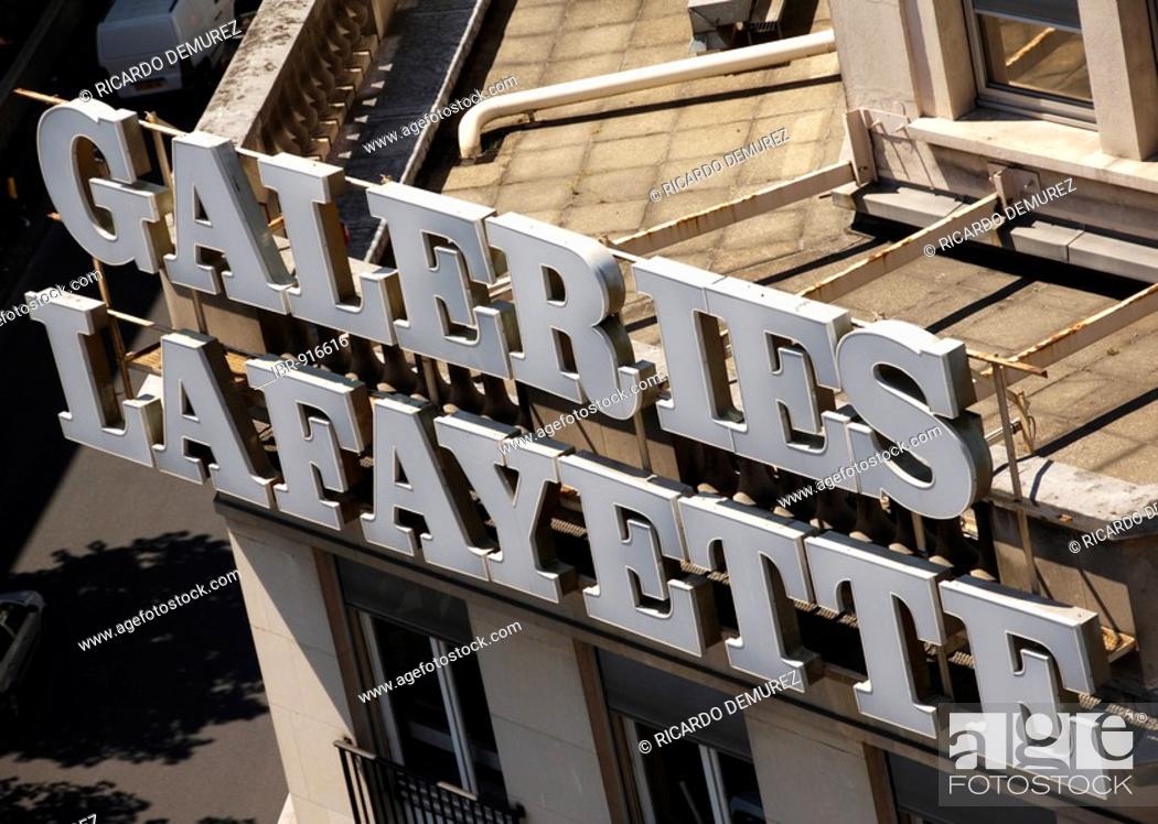 Stock Photo: Sign on the Galeries Lafayette, Paris, France, Europe.