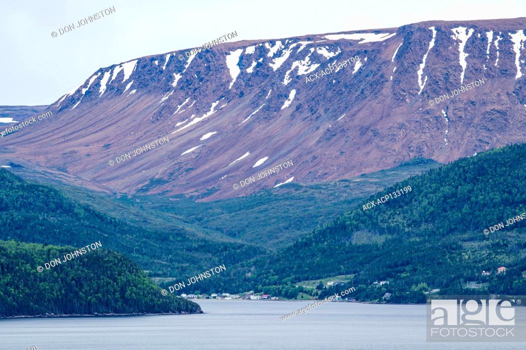 Stock Photo: Tablelands overlooking town of Shoal Creek, Norris Point, Newfoundland and Labrador NL, Canada.