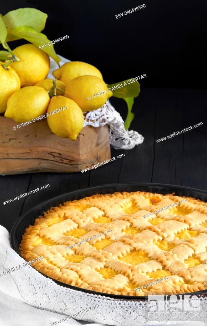Stock Photo: Close-up of pan with Italian lemon pie, crostata, made with shortbread and lemon cream.