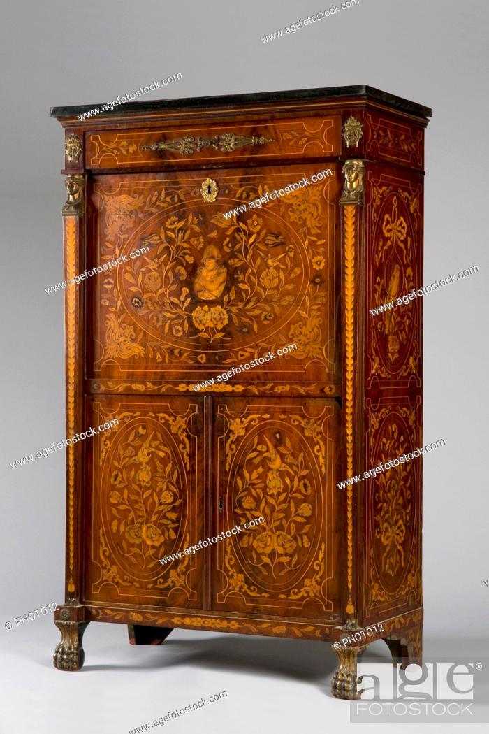 Stock Photo: Dutch writing desk, allegory of Napoleon 1st In mahogany veneering and flowers marquetry in fruit wood Height: 154 cm, width: 92 cm, depth: 45 cm Holland.