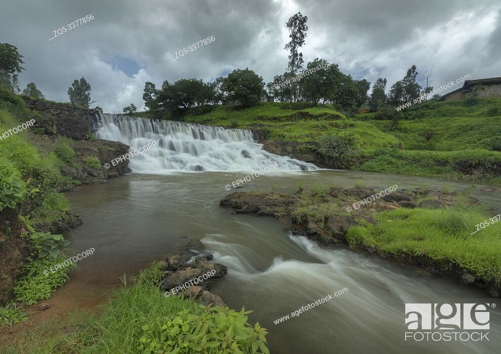 Stock Photo: Waterfall close to Kalsubai Peak in Bhandadara Town, Bhandardara, Maharashtra, India.