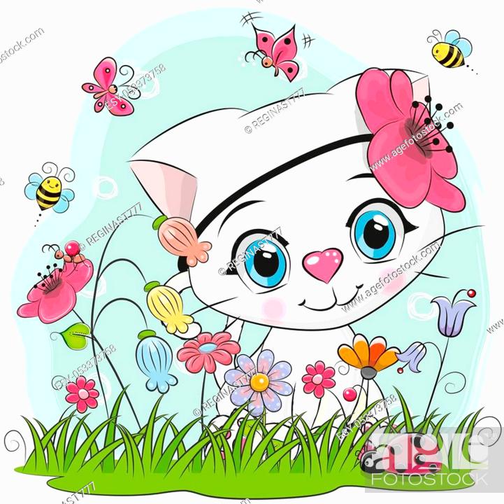 Cute Cartoon Kitten girl on a meadow with flowers and butterflies, Stock  Vector, Vector And Low Budget Royalty Free Image. Pic. ESY-053373758 |  agefotostock