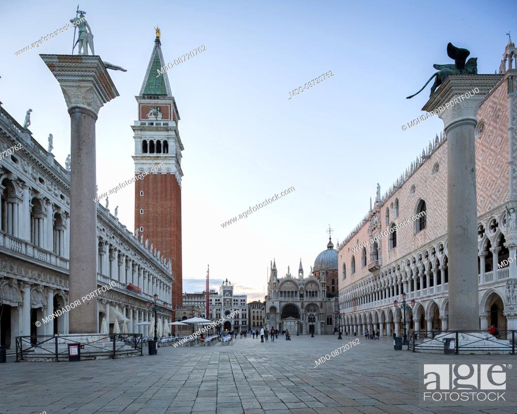 Stock Photo: Columns of San Marco and San Teodoro in piazzetta San Marco. Venice (Italy), May 31st, 2021.