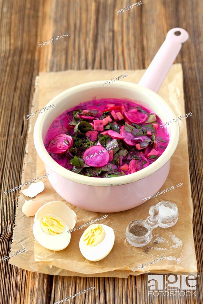 Stock Photo: Cold beetroot soup with beetroot lives, radishes, cucumber, dill and kefir.