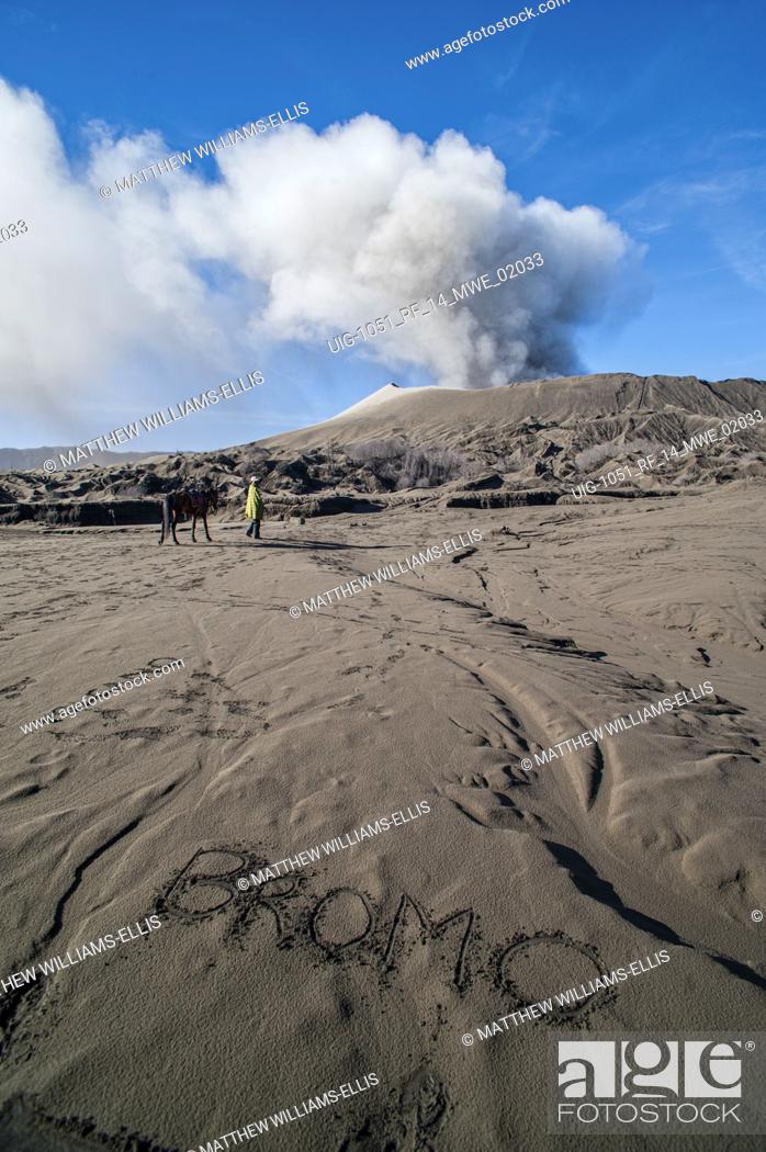 Photo de stock: The Word Bromo Written in Ash at Mount Bromo, Bromo Tengger Semeru National Park, East Java Indonesia. As the ash fell from an erupting Mount Bromo.