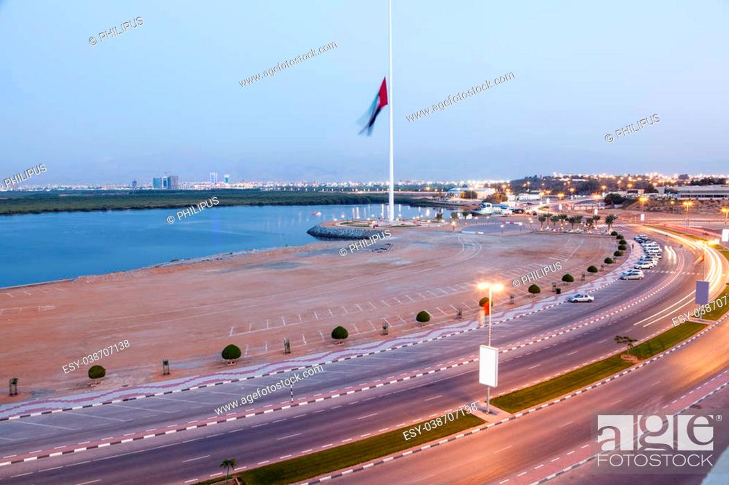 Stock Photo: Waterfront promenade at the creek in Ras al Khaimah at dusk, United Arab Emirates.