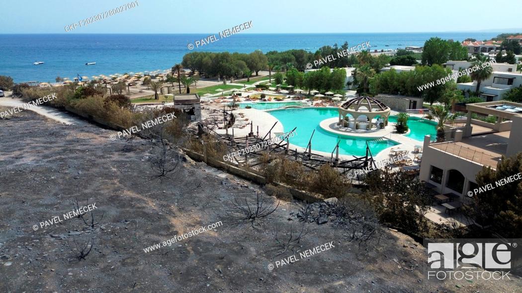 Stock Photo: Tourist resorts near the town of Lardos on the Greek island of Rhodes, where the fire stopped just short of the walls of the complexes, Greece, July 27, 2023.