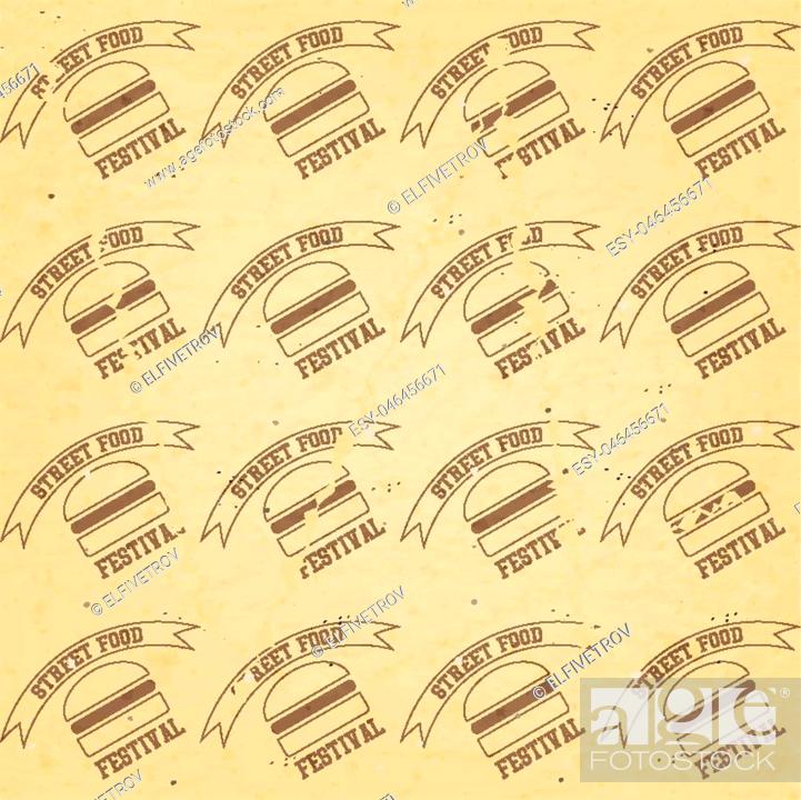 Stock Vector: ?raft Recycled Paper Texture. Seamless Craft Packaging with Burgers - Emblem Street Food Festival. Vector Illustration.