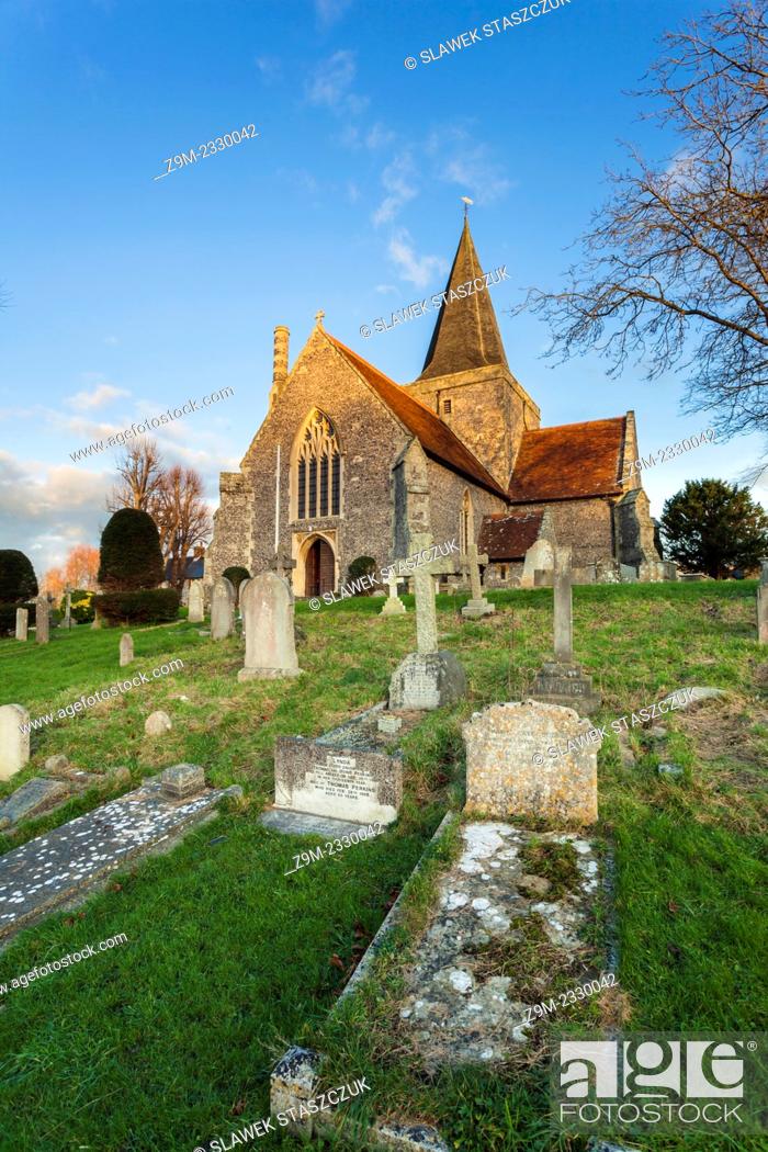 Stock Photo: Sunset at St Andrew's church in Alfriston, East Sussex, England, United Kingdom.