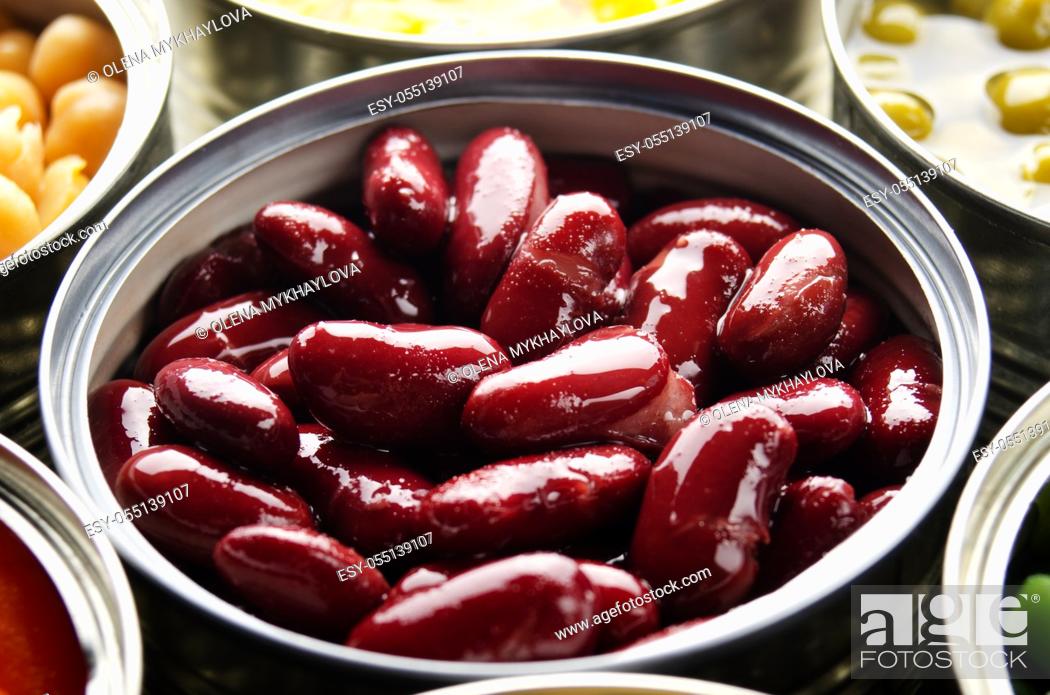 Stock Photo: Canned red kidney beans in just opened tin can. Non-perishable food.