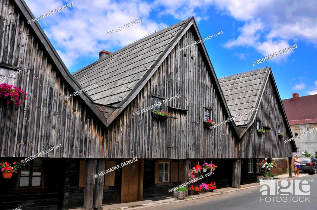 Stock Photo: Houses called Twelve Apostles - a set of wooden weavers' houses, from 1707 in Chelmno Slaskie, Lower Silesian Voivodeship, Poland.