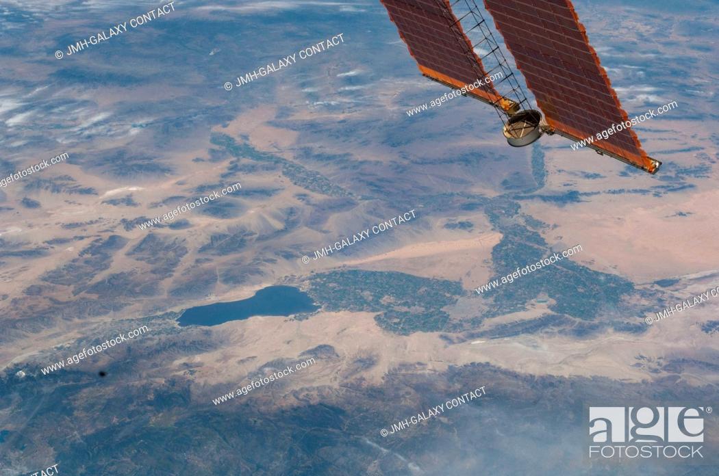 Stock Photo: The Salton Sea and Imperial Valley are in the center of this scene photographed from the International Space Station (note solar panels, upper right).