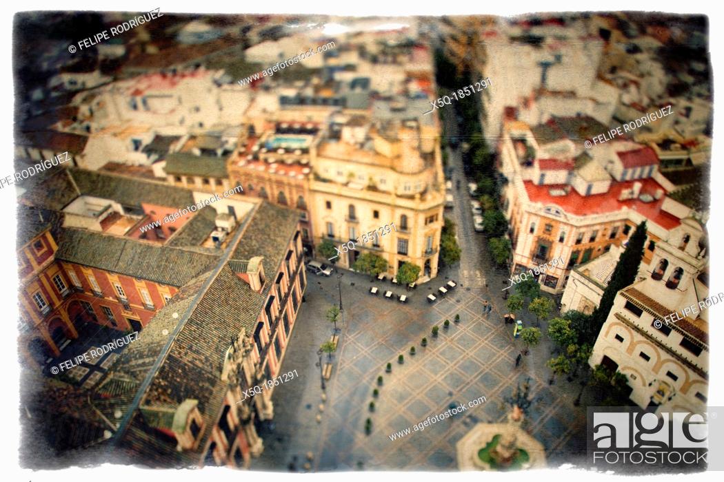 Stock Photo: View of the city of Seville from the top of the Giralda tower  Tilted lens used for a shallower depth of field.