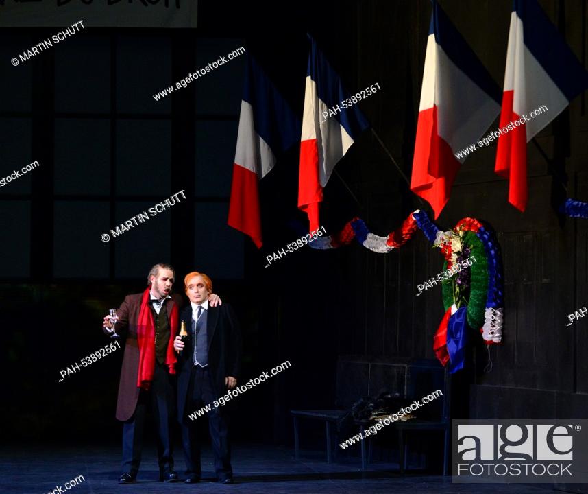 Stock Photo: Marwan Shamiyeh (r-l) as Moka and Mate Solyom-Nagy als Cripure rehearse a scene from the opera ""Das schwarze Blut"" on stage at the Theater Erfurt in Erfurt.