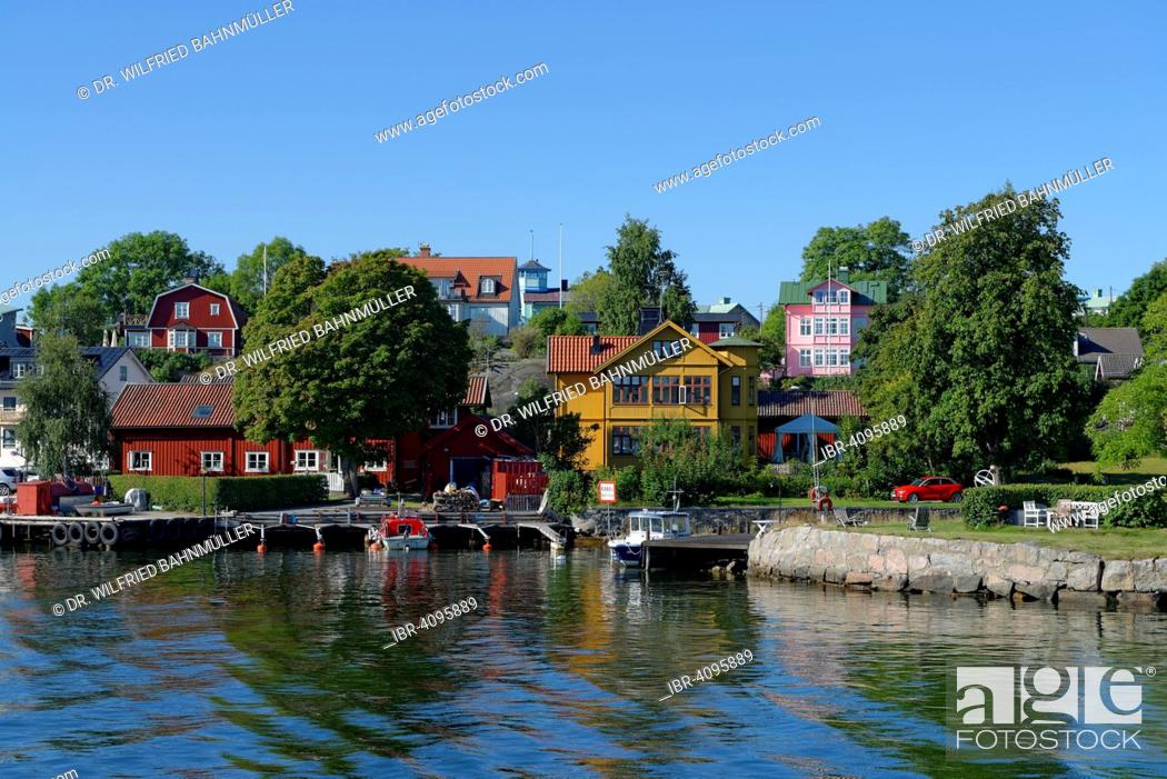 Stock Photo: Cityscape of Vaxholm, Vaxön, Stockholm archipelago, Stockholms skärgård, near Stockholm, Sweden.