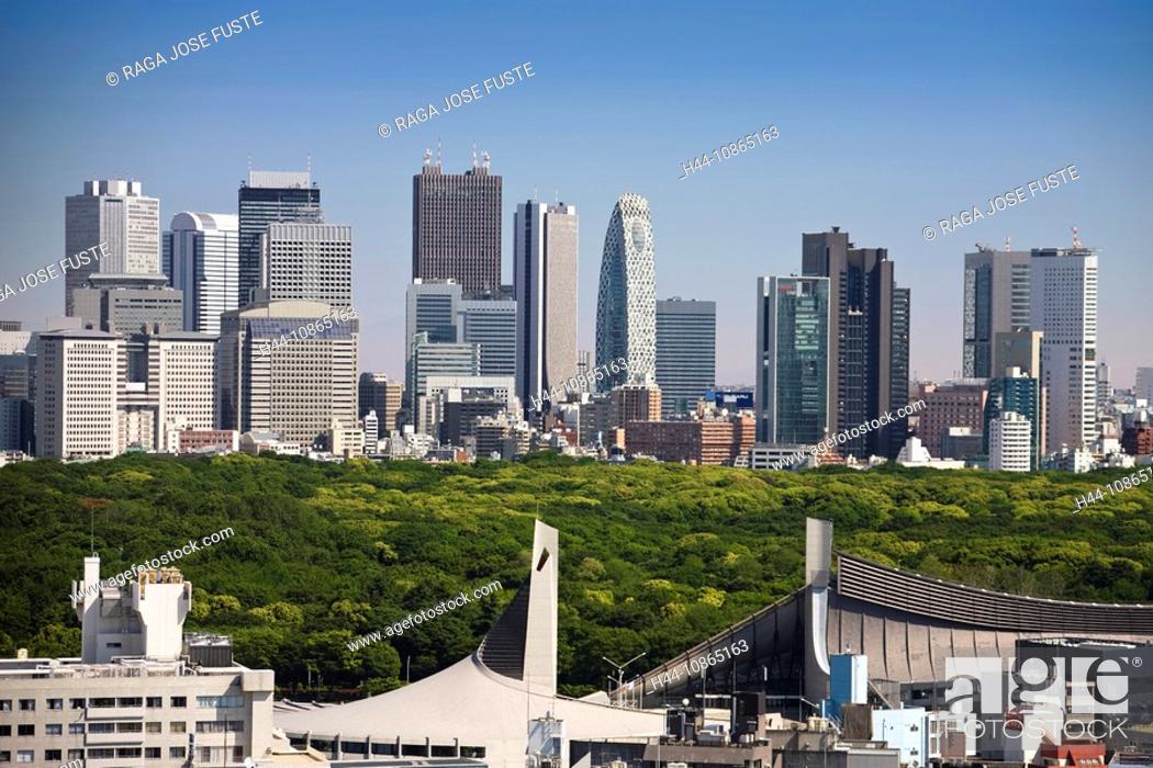 Stock Photo: Japan, Tokyo City, Shinjuku District, Skyline, Meiji Park.