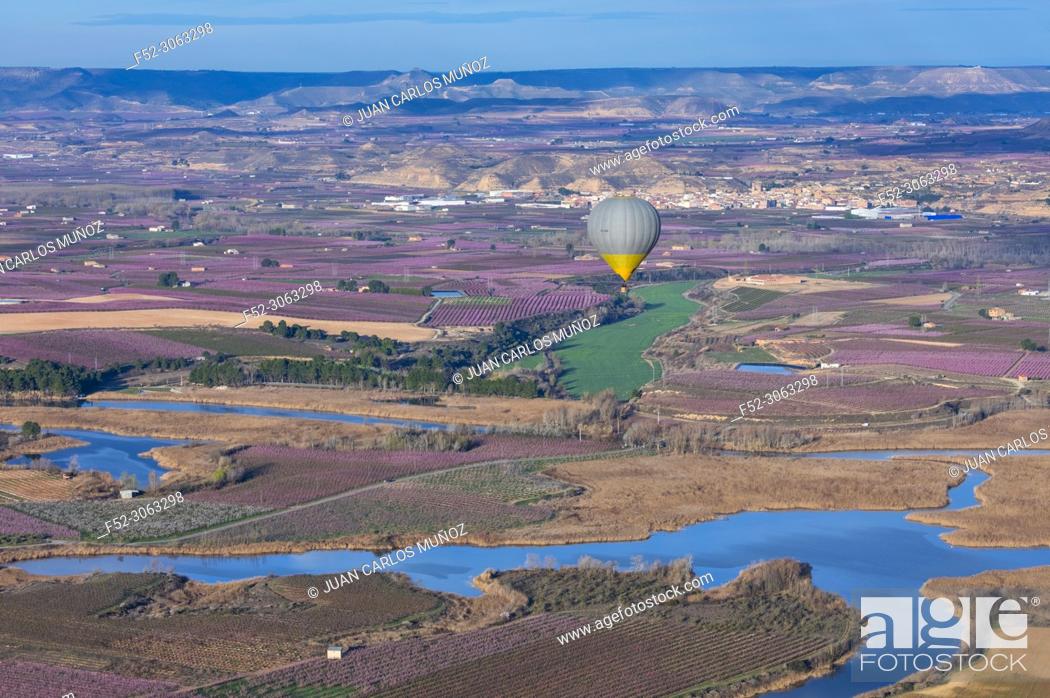 Stock Photo: Hot-air ballooning, Dry farming, Utxesa Nature Reserve, Torres del Segre territory, Baix Segre, Lleida, Catalonia, Spain, Europe.