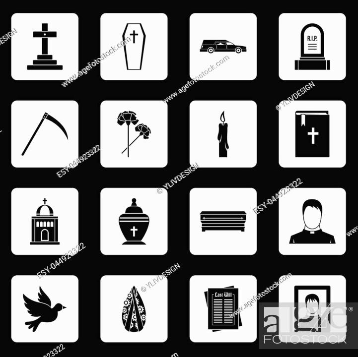 Stock Photo: Funeral icons set in white squares on black background simple style illustration.
