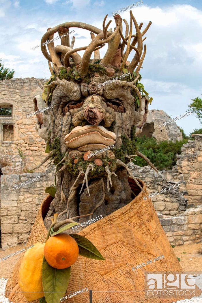 Stock Photo: Les Baux, France - June 26, 2017: The artwork, titled Winter is Four Seasons three-dimensional interpretations created by Philip Haas and inspired by a set of.