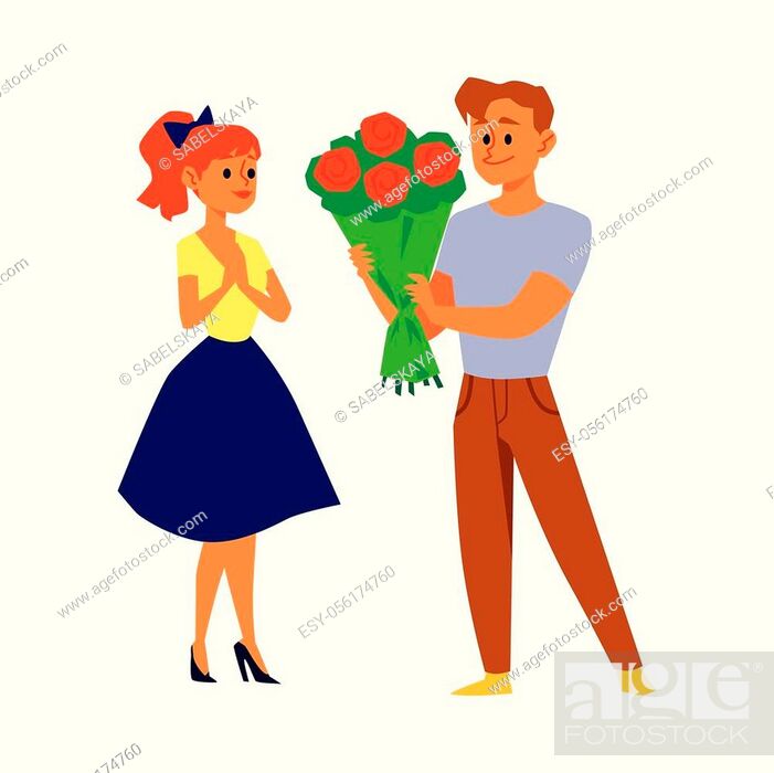 Cartoon couple with flower bouquet - young man giving rose flowers to woman  isolated on white..., Stock Vector, Vector And Low Budget Royalty Free  Image. Pic. ESY-056174760 | agefotostock
