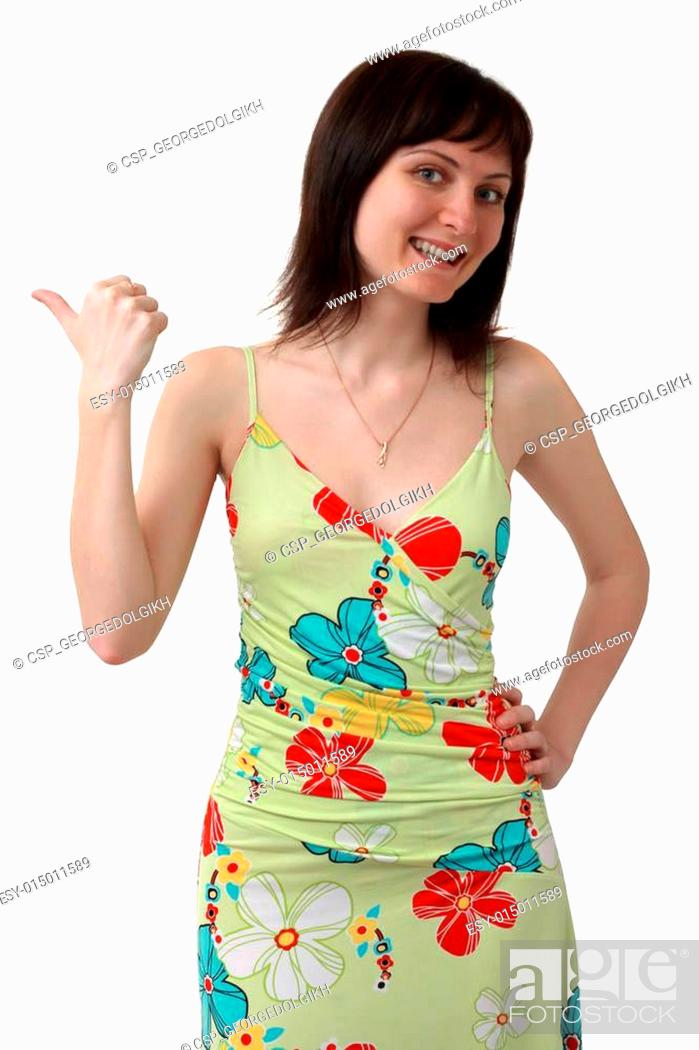 Stock Photo: Pretty girl pointing on something aside.