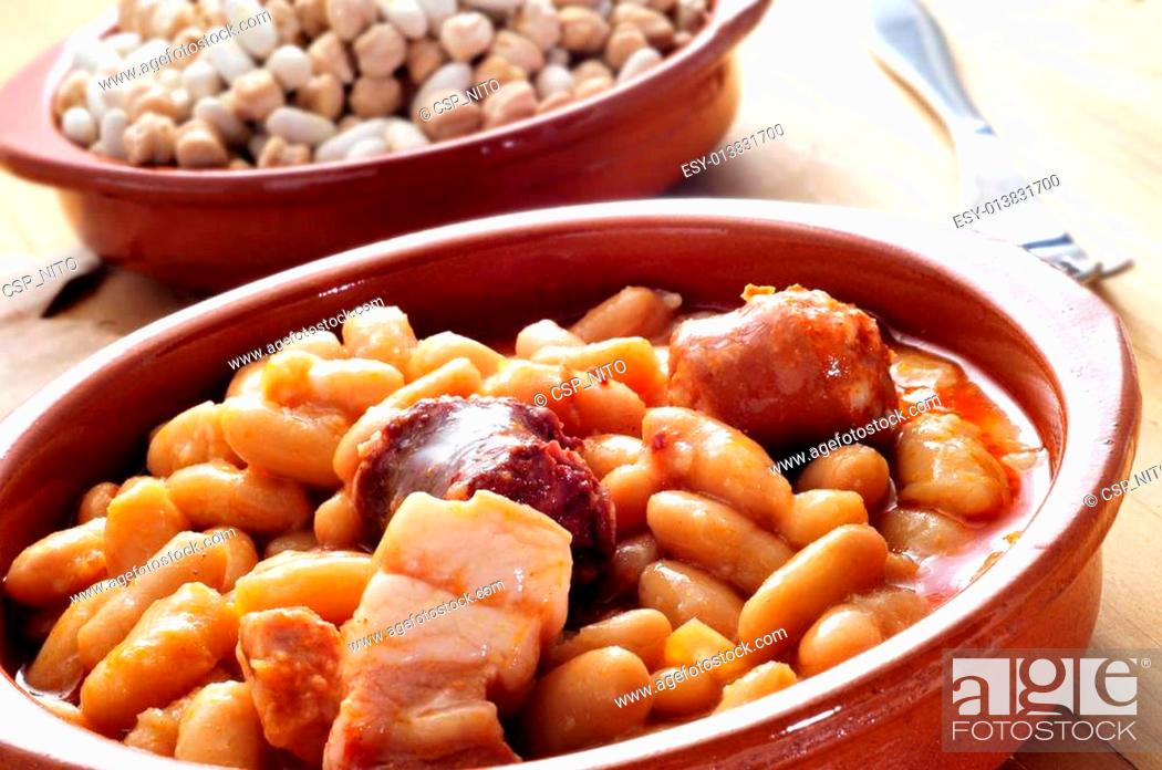 Stock Photo: fabada asturiana, typical spanish bean stew.
