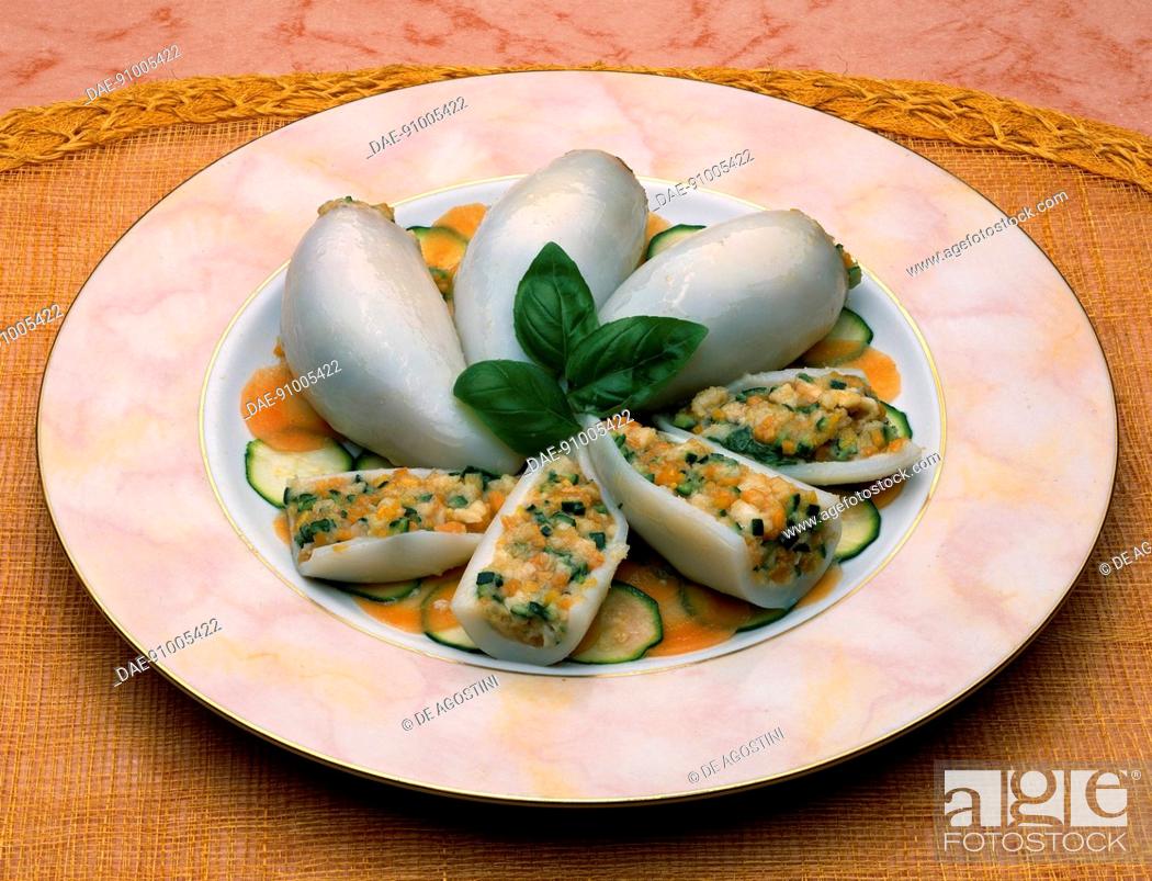 Stock Photo: Baby squid stuffed with shrimp and vegetables.