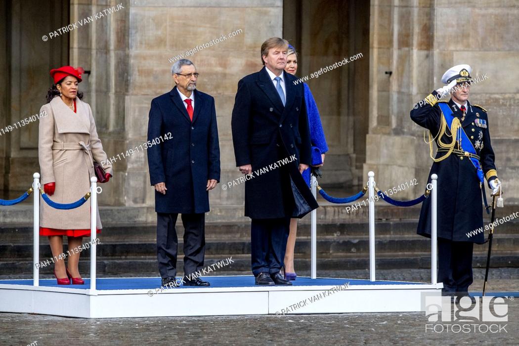 Stock Photo: King Willem-Alexander and Queen Maxima of The Netherlands welcome the president of the Republic of Cape Verde, Jorge Carlos de Almeida Fonseca and his wife.