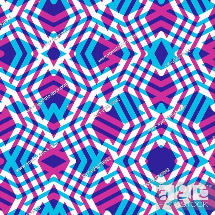 Stock Vector: Geometric messy lined seamless pattern, colorful maze vector endless background. Decorative net splicing motif texture. Purple decorative backdrop.
