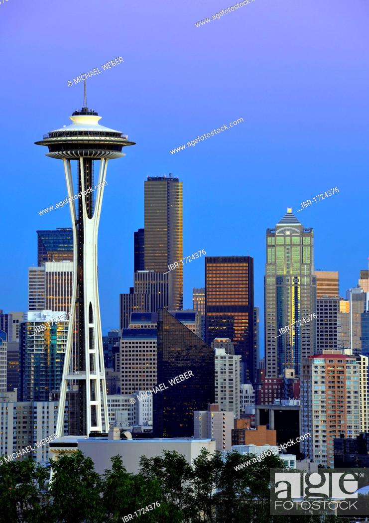 Evening mood, skyline of the Financial District in Seattle, Space Needle,  Columbia Center, Stock Photo, Picture And Rights Managed Image. Pic.  IBR-1724376 | agefotostock