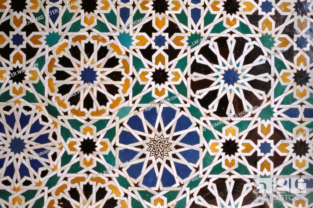 Stock Photo: Artful mosaic at Sala de los Embajadores hall in the moorish palace Alhambra, Granada, Andalusia, Spain.