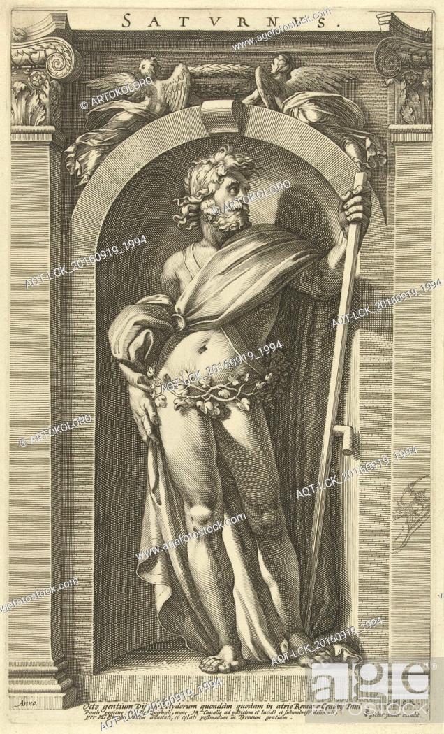 Stock Photo: Saturn, standing in a niche, a scythe in his left hand, series of eight prints of classical gods, based on paintings by Polidoro da Caravaggio on the façade of.