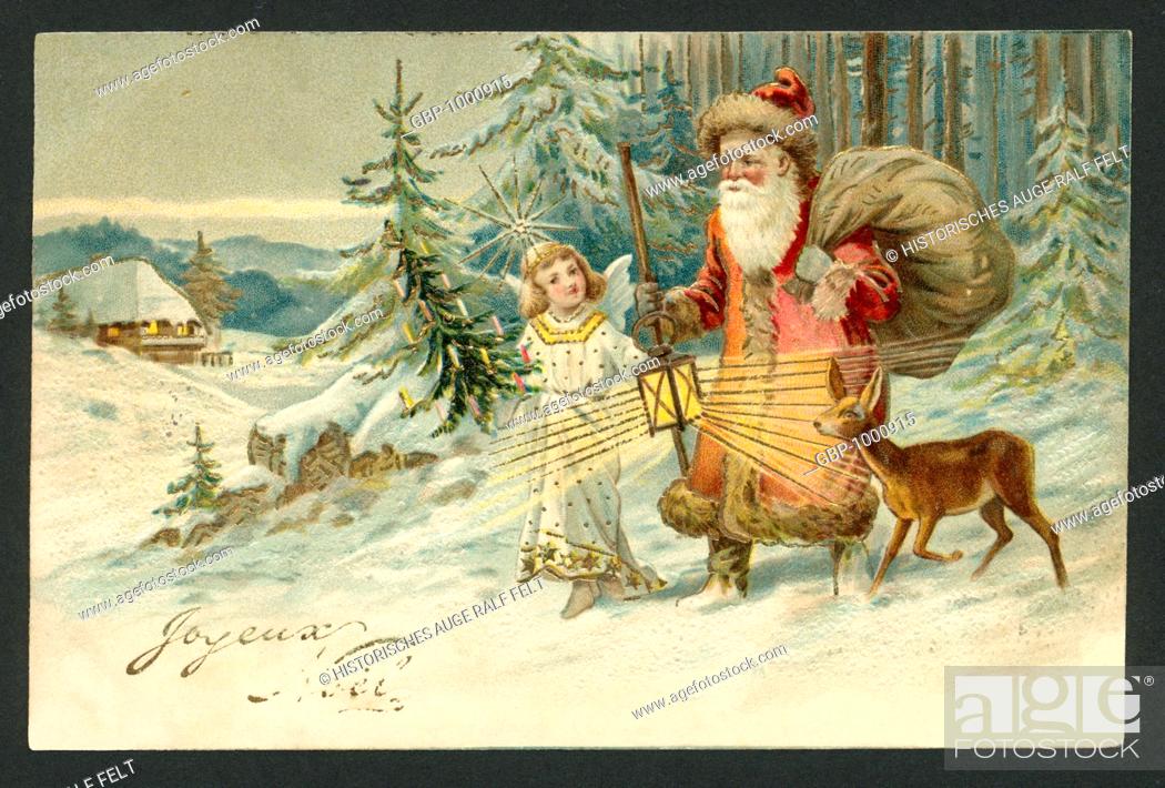 Europe France French Christmas Card With Father Christmas And One Angel Stock Photo Picture And Rights Managed Image Pic Gbp 1000915 Agefotostock