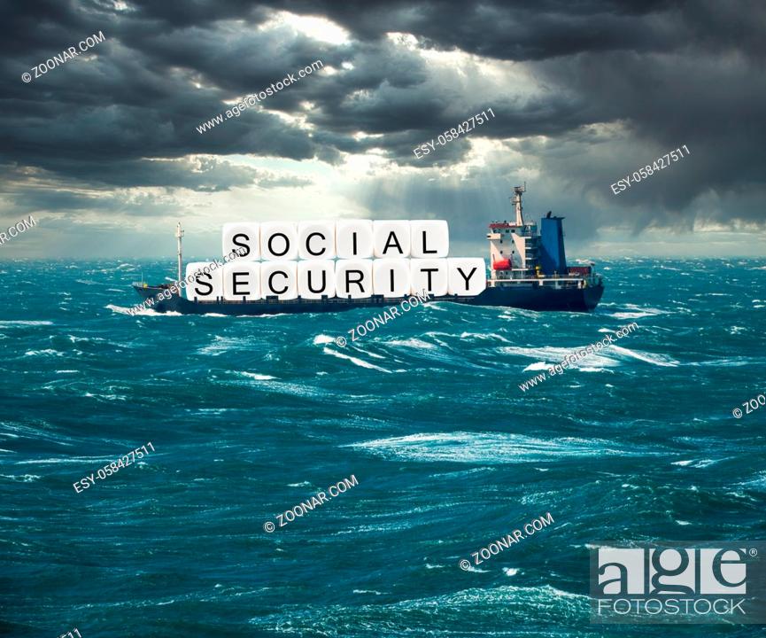 Stock Photo: Social Security letters carried on freight ship in stormy seas as concept for issues around funding of USA pensions to seniors.