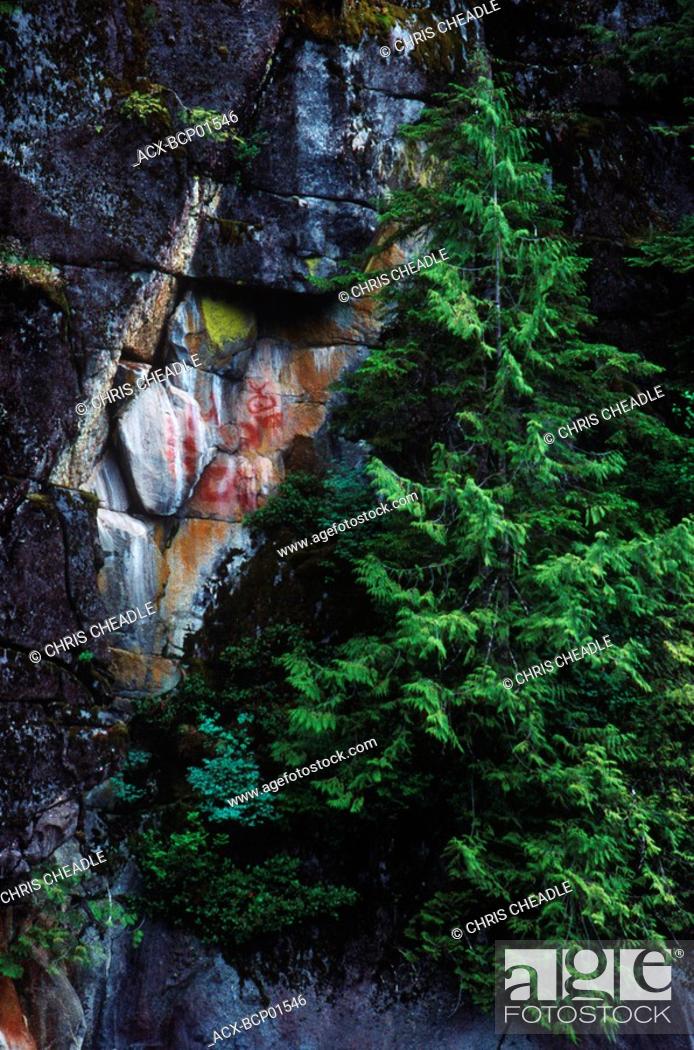 Stock Photo: Inside Passage, Petrograph in red ochre on rock face, Kynoch Inlet, British Columbia, Canada.