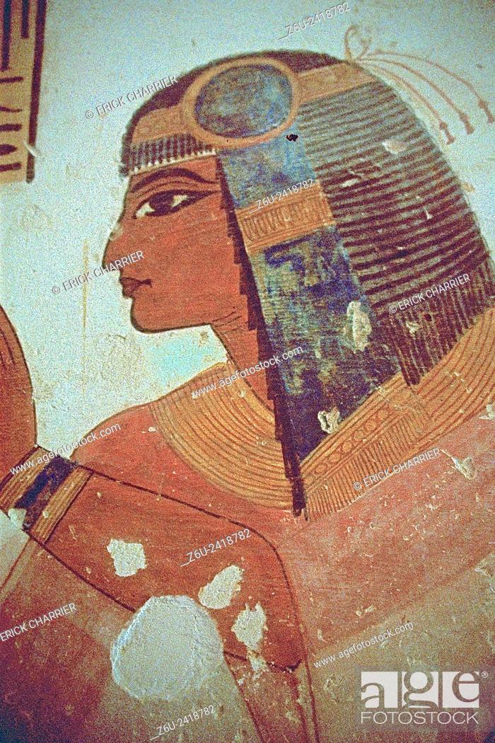 Stock Photo: Thebes, West bank, Kings Valley, tomb of Montou-Her-Kopechef (KV19). Right wall, the prince in front of Sekhmet (scene 14).