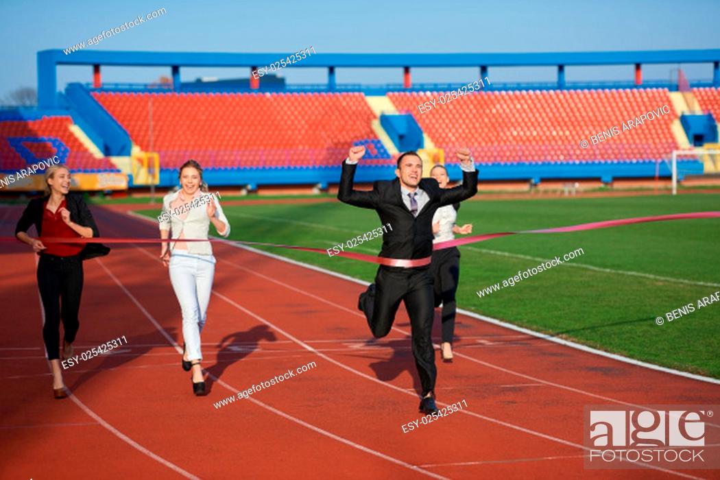 Stock Photo: business people running together on racing track.