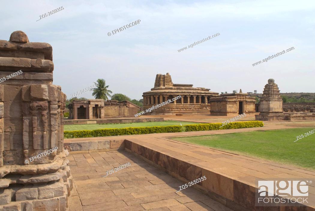 Stock Photo: Galaganatha Group of temples, Aihole, Bagalkot, Karnataka, India. View from Suryanarayana temple. From left - Kutira, Durga Temple, and small Shiva temple.