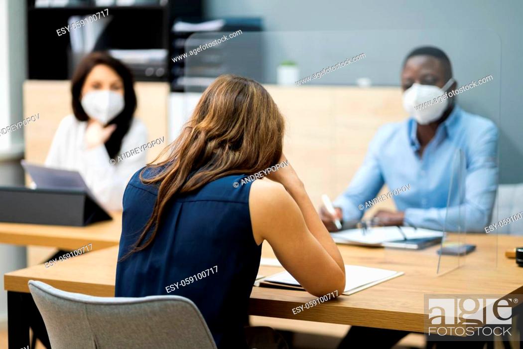 Stock Photo: Disciplinary Meeting Or Interview Fail In Covid Mask.