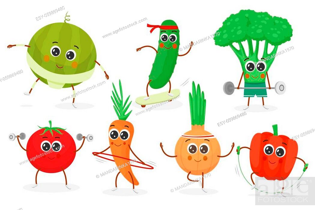 Fitness vegetables cartoon characters. Funny fruits do fitness exercises,  Stock Vector, Vector And Low Budget Royalty Free Image. Pic. ESY-059869480  | agefotostock